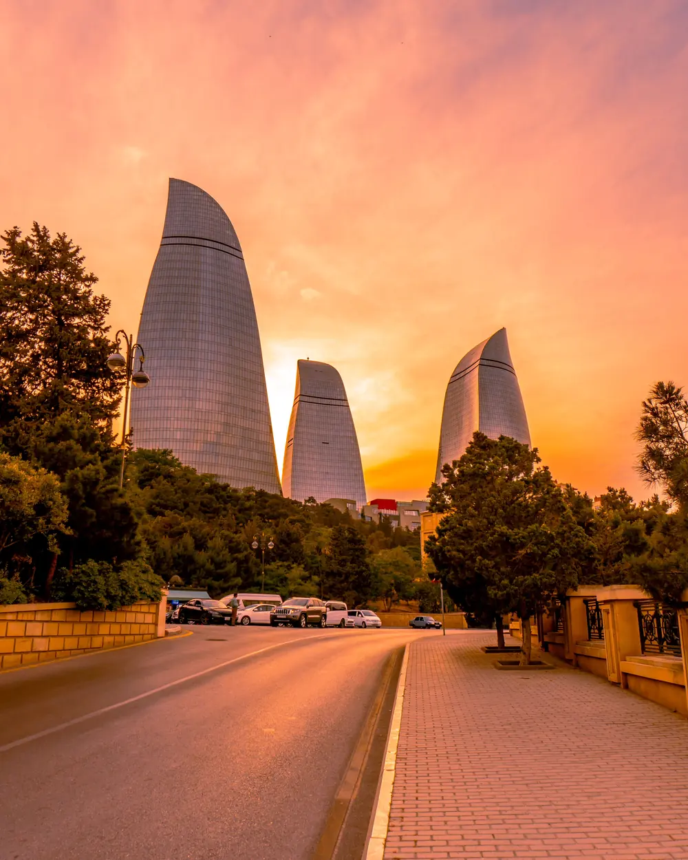 Stunning sunset over Baku's famous Flame Towers, a modern architectural landmark