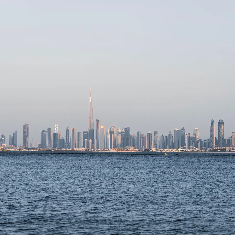 A stunning view of Dubai's skyline featuring Burj Khalifa across the sea