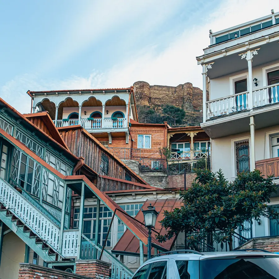 Traditional Tbilisi houses with ornate balconies showcasing classic Georgian architecture