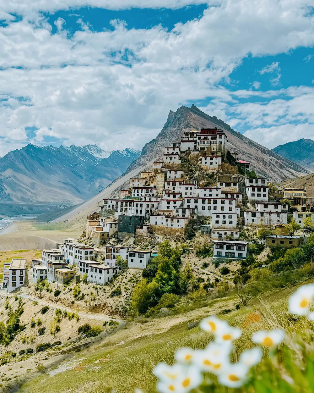 Scenic view of Key Monastery perched on a hill in the Himalayas, surrounded by stunning nature
