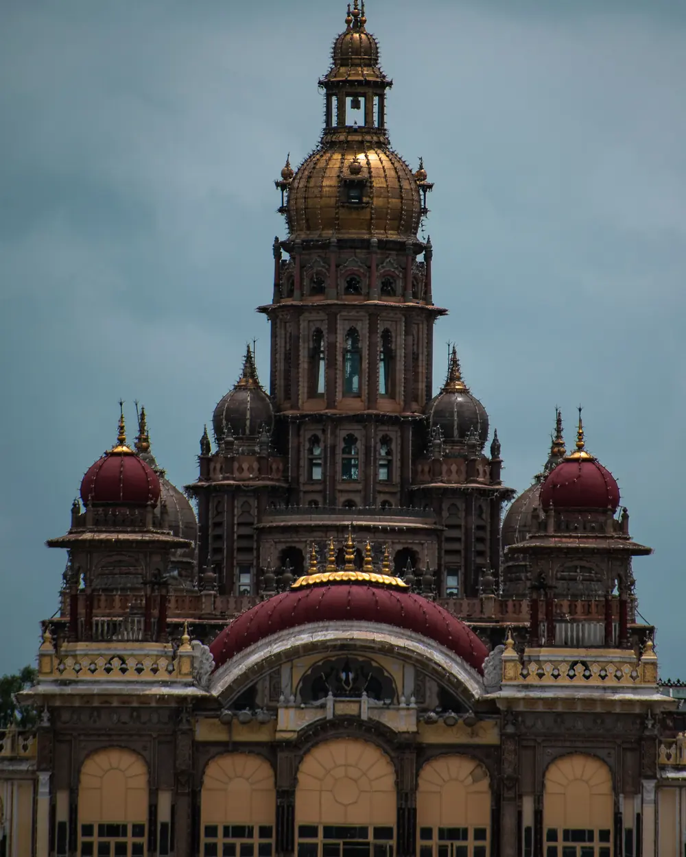 Intricate facade of the iconic Mysore Palace showcasing Indian architectural heritage