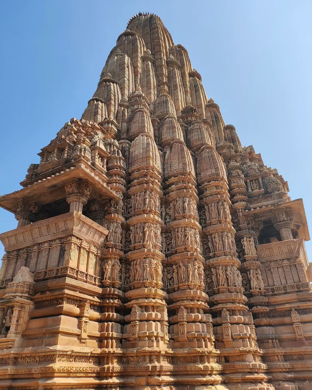 Stunning view of the ancient Khajuraho Temple in Madhya Pradesh, showcasing exquisite Indian architecture