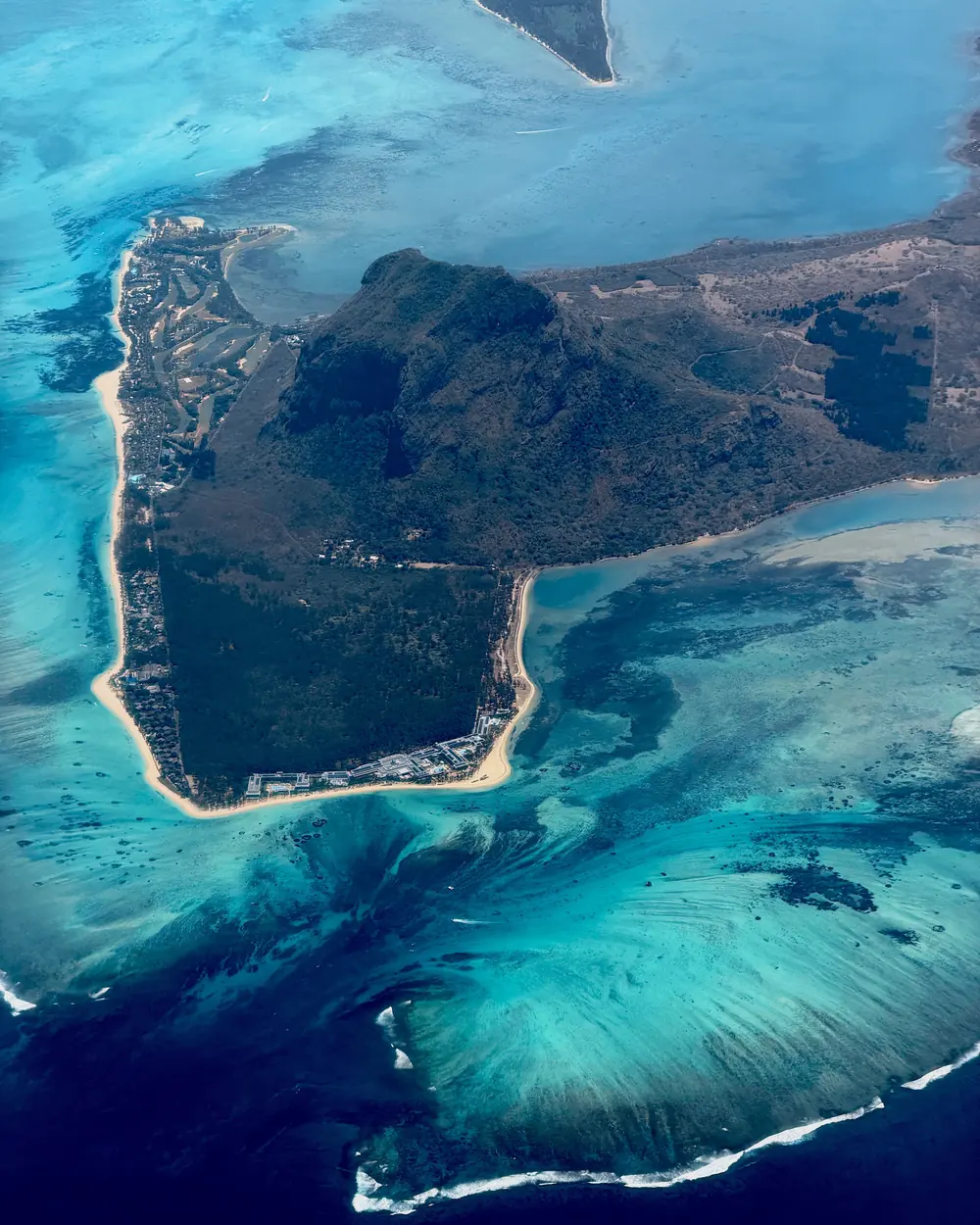 Breathtaking aerial view of Le Morne Brabant peninsula in Mauritius with turquoise waters