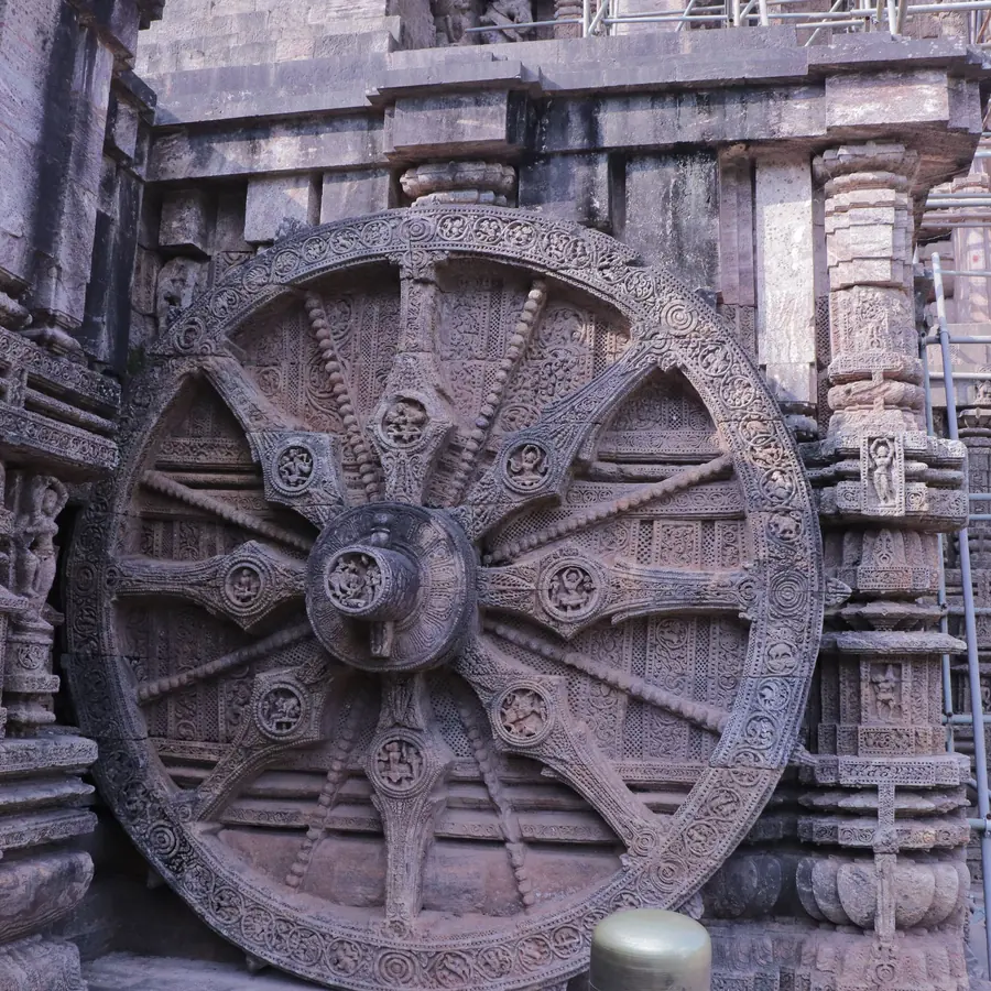 Ancient stone carved wheel at Konark Sun Temple in Odisha, India