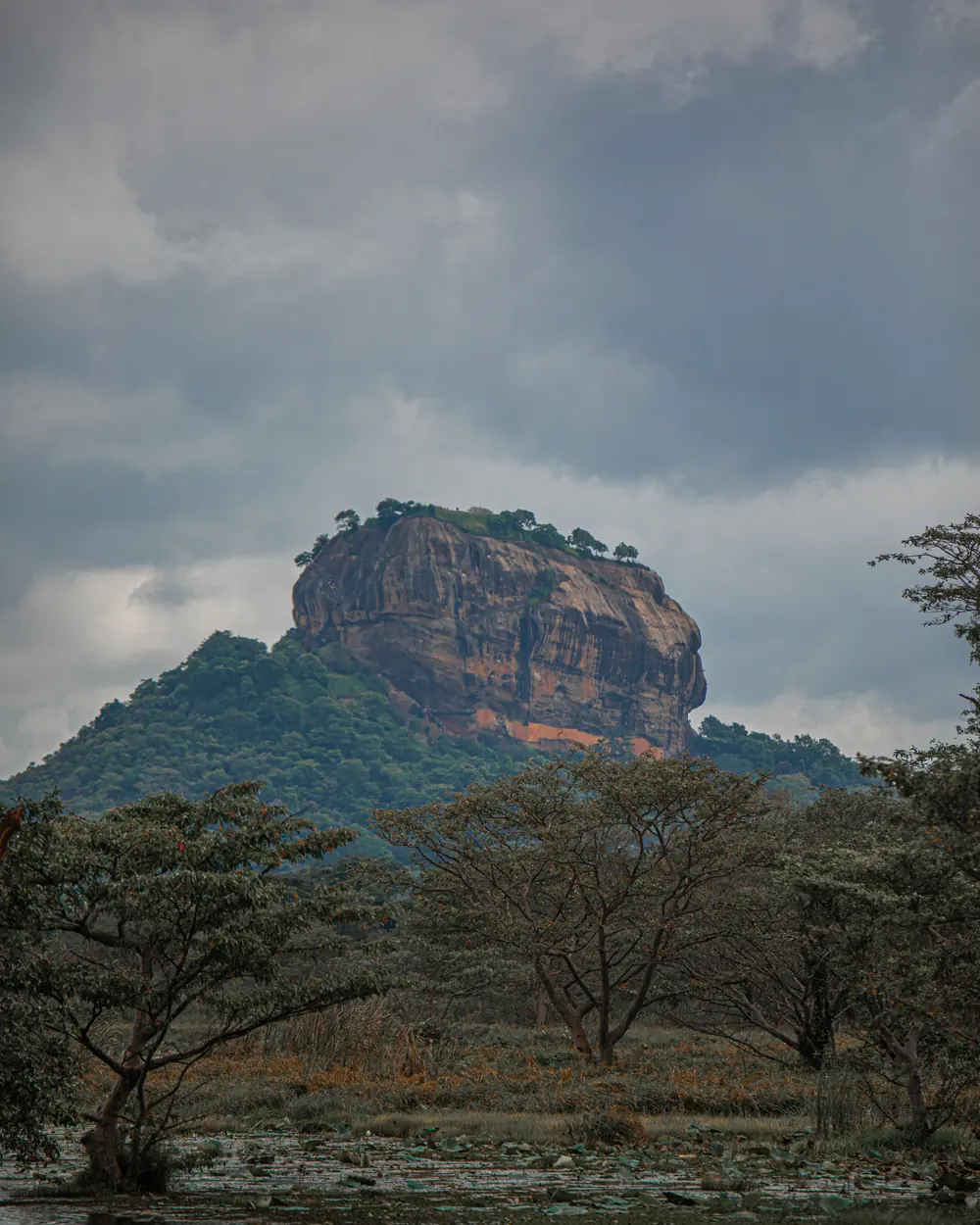 Scenic view of Sigiriya rock fortress amidst lush green nature under cloudy sky in Sri Lanka