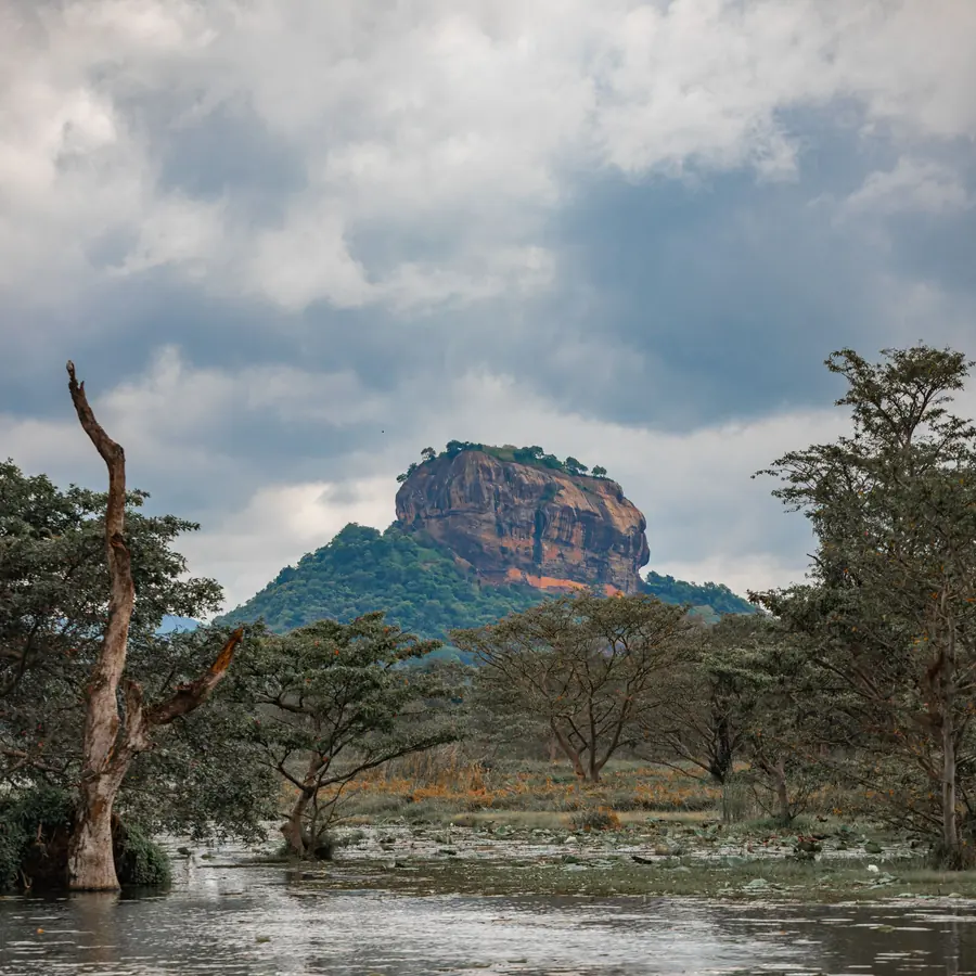 Majestic Sigiriya Rock amidst lush foliage and moody clouds in Sri Lanka