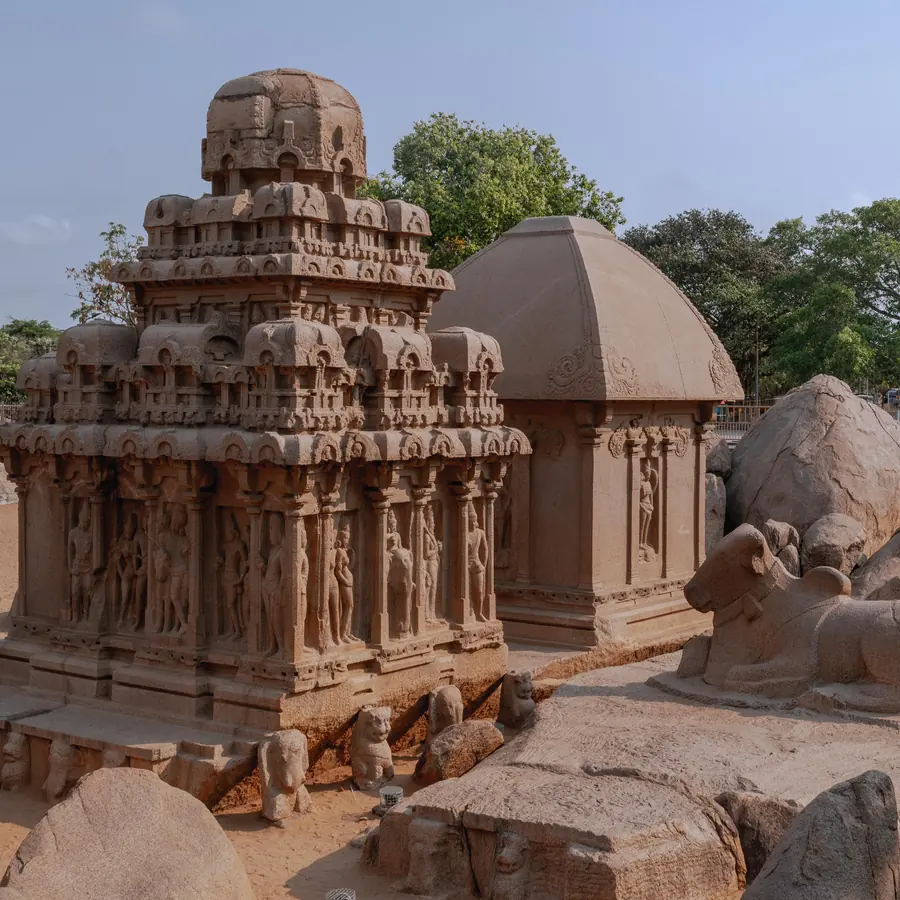 Sandstone temples of Mahabalipuram in Tamil Nadu, showcasing remarkable ancient architecture