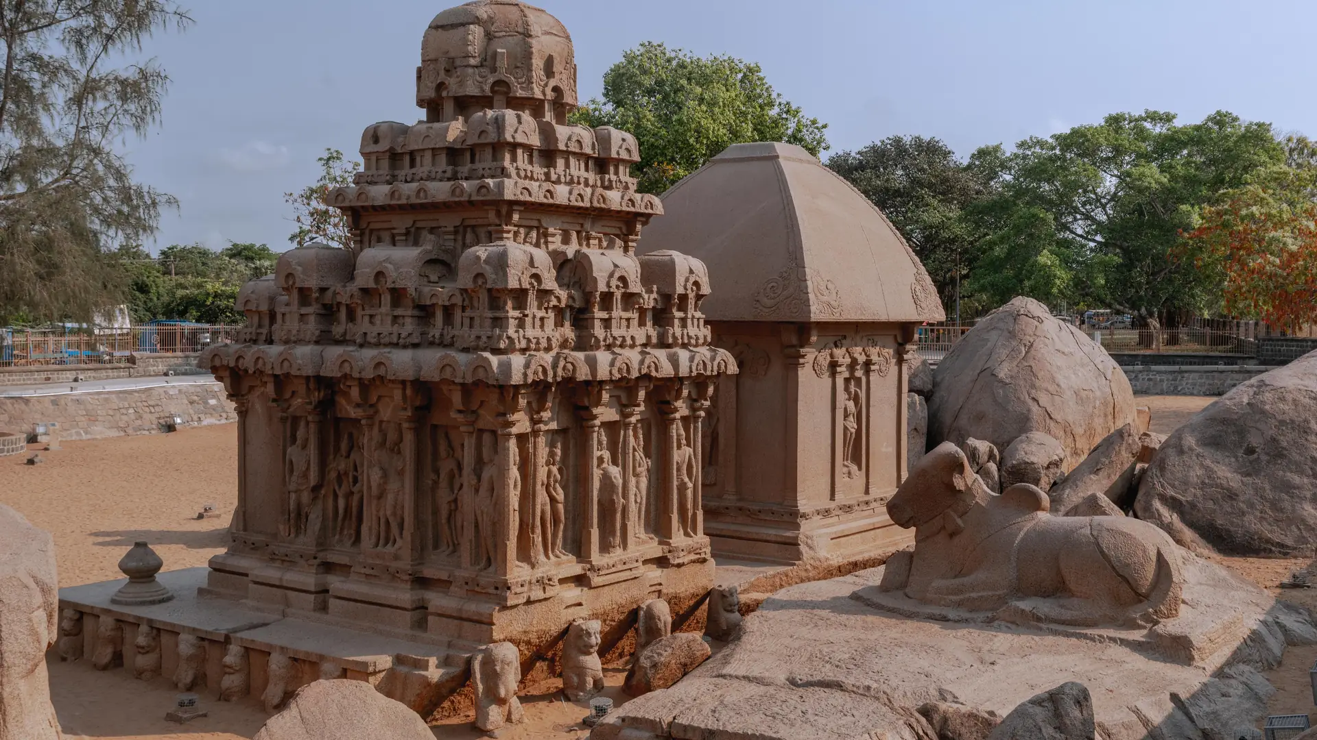 Sandstone temples of Mahabalipuram in Tamil Nadu, showcasing remarkable ancient architecture