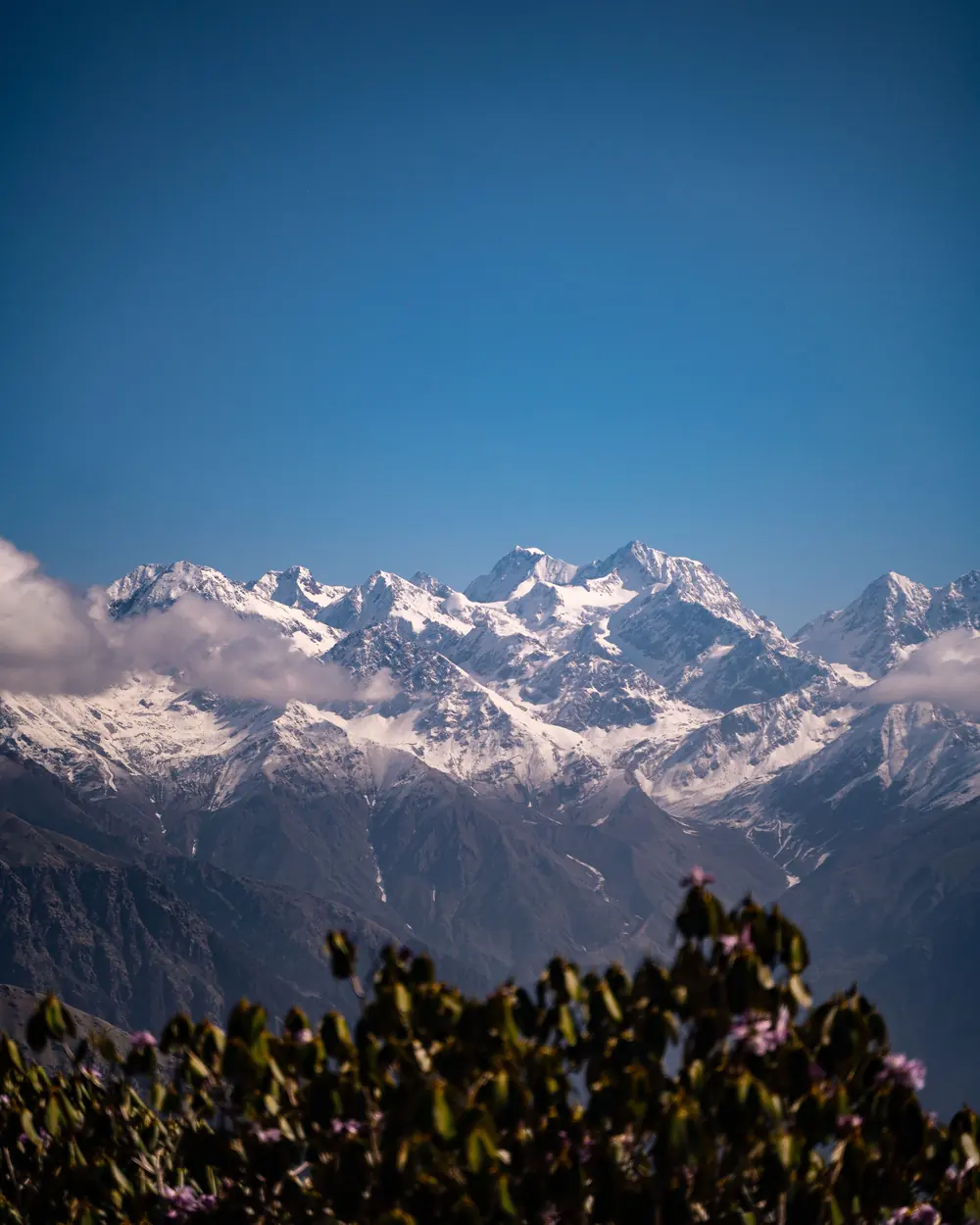 Breathtaking view of snow-capped Rudra Nath peaks under clear skies, perfect for winter travel enthusiasts