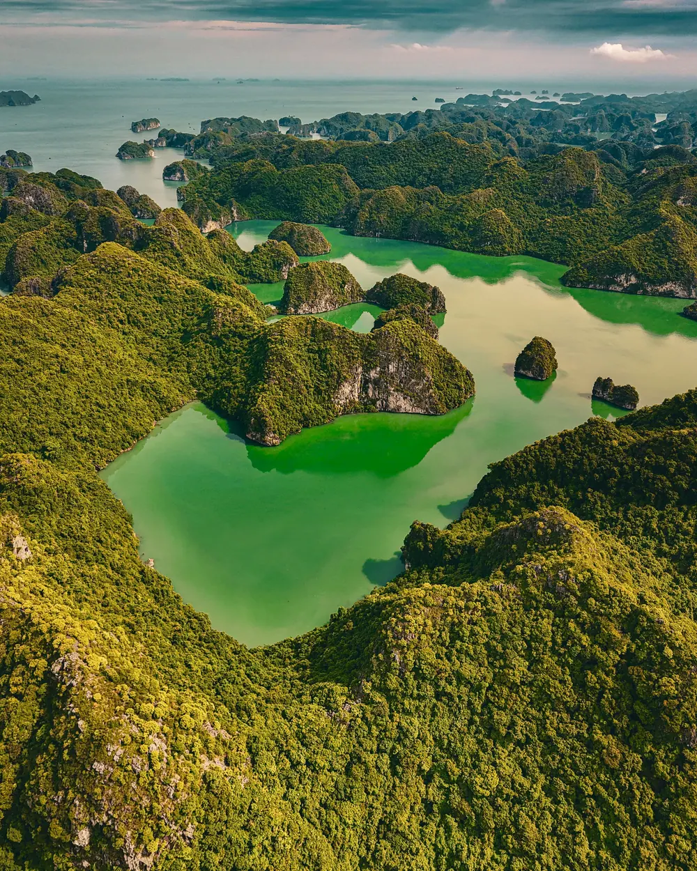 A breathtaking aerial view of Ha Long Bay's emerald waters and lush islands in Vietnam
